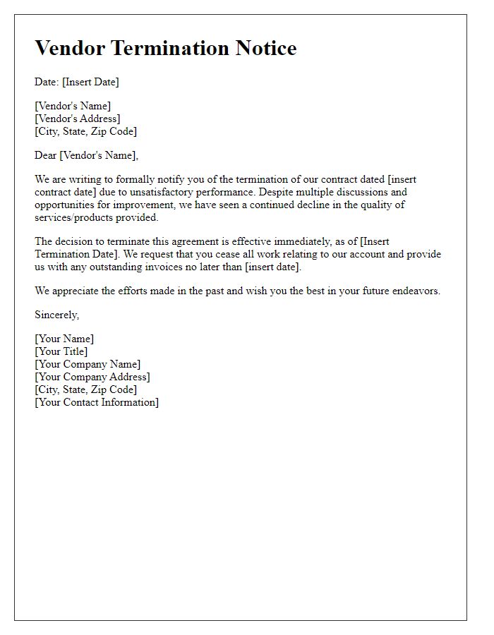 Letter template of vendor termination notice for unsatisfactory performance