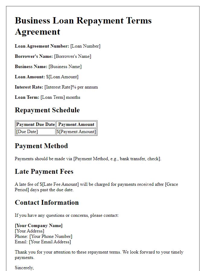 Letter template of business loan repayment terms