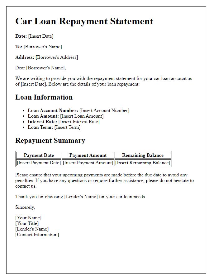 Letter template of car loan repayment statement