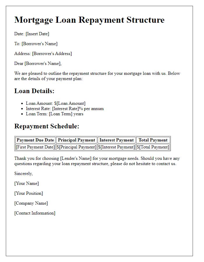 Letter template of mortgage loan repayment structure