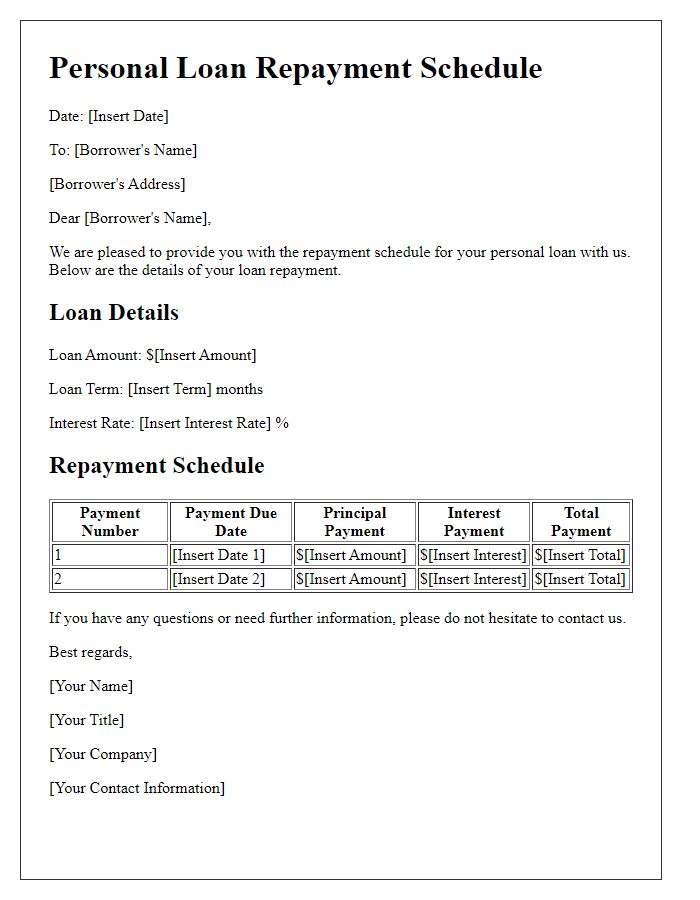 Letter template of personal loan repayment schedule