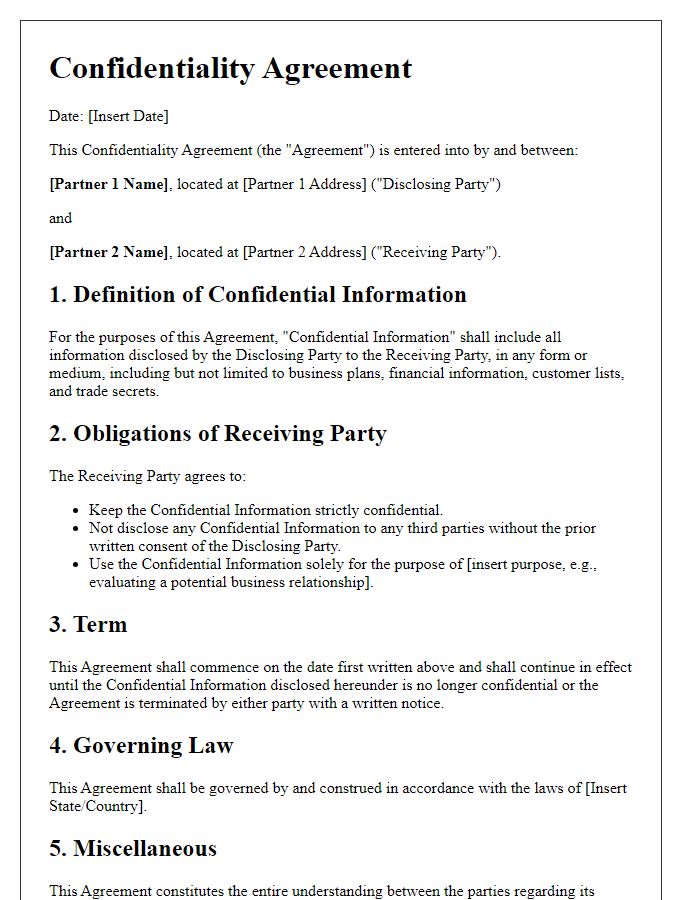 Letter template of confidentiality agreement for business partners.