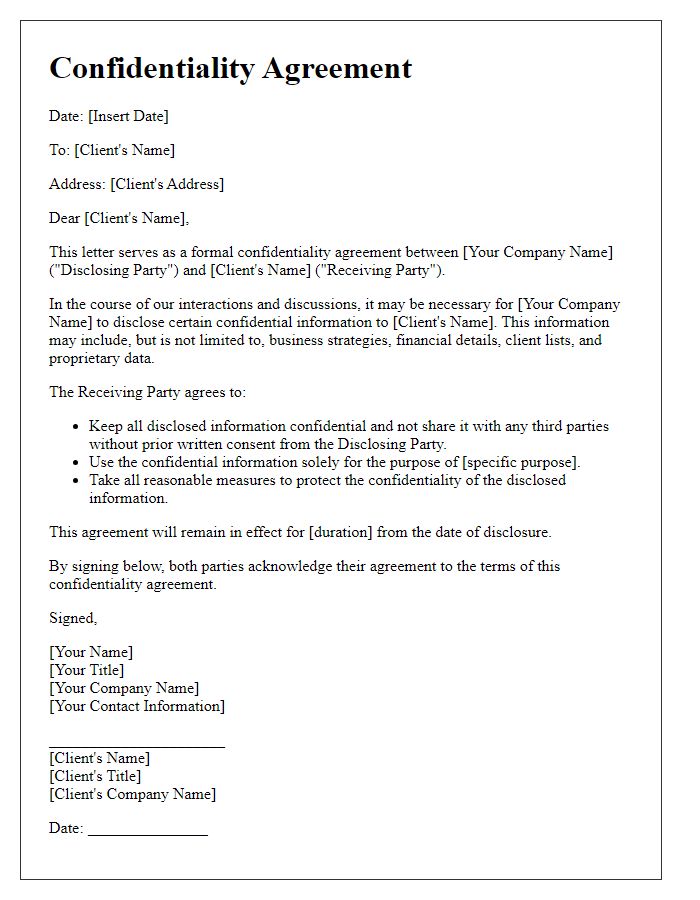 Letter template of confidentiality agreement for client interactions.