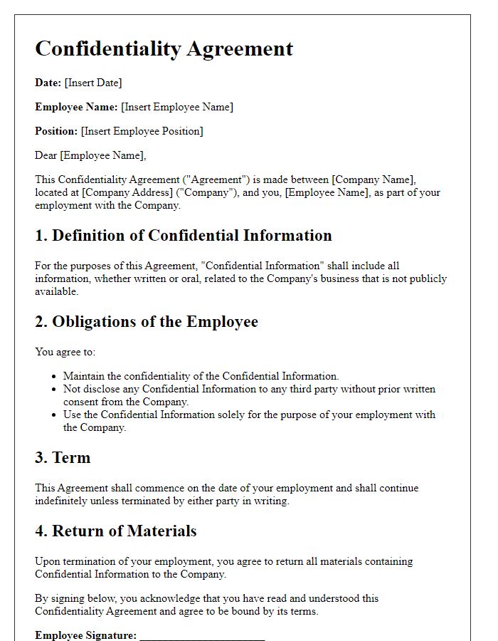 Letter template of confidentiality agreement for employees.