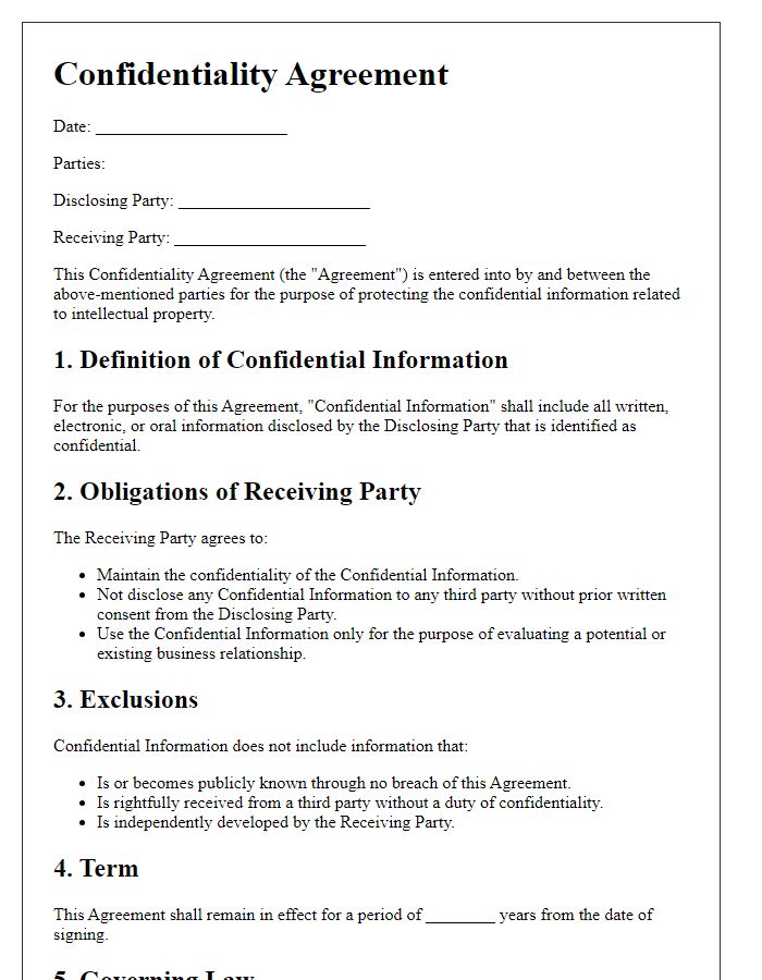 Letter template of confidentiality agreement for intellectual property protection.