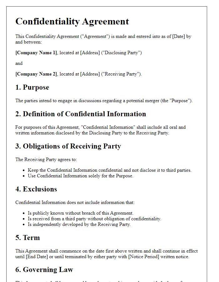 Letter template of confidentiality agreement for merger discussions.