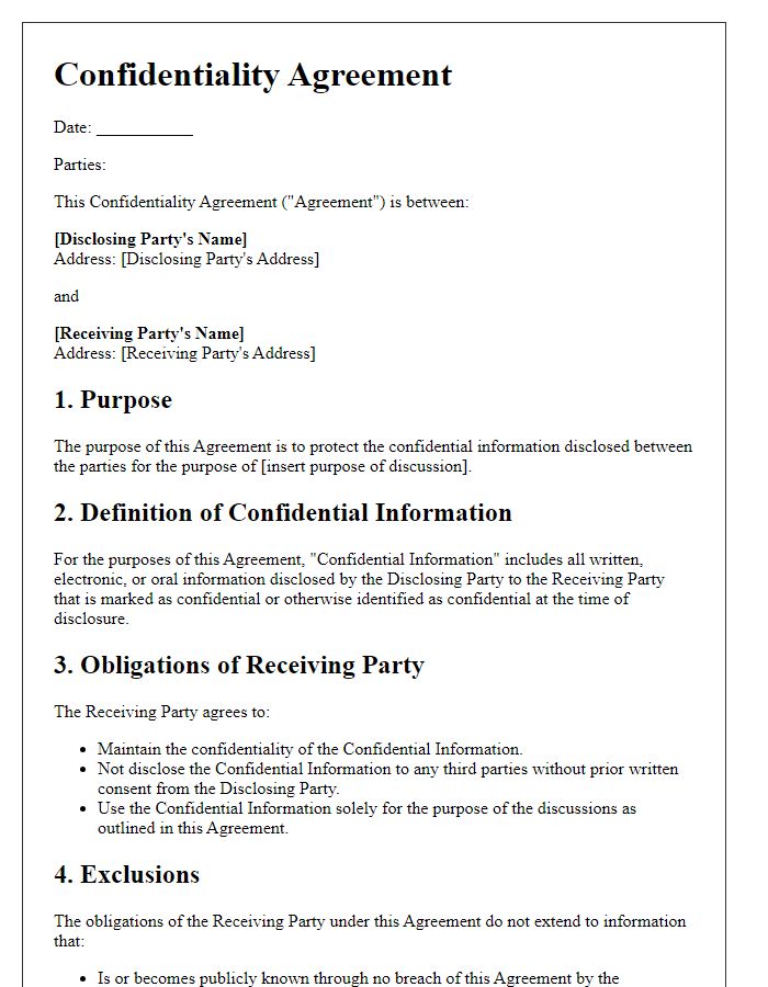 Letter template of confidentiality agreement for non-disclosure discussions.