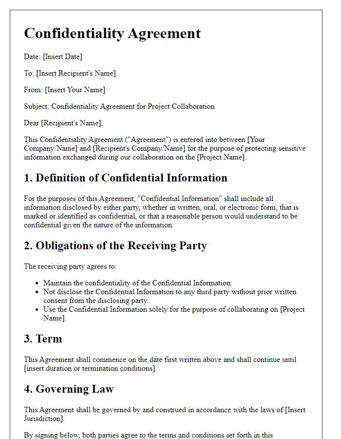 Letter template of confidentiality agreement for project collaboration.