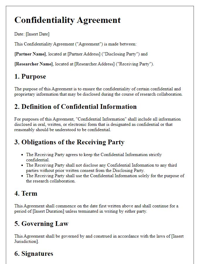 Letter template of confidentiality agreement for research partnerships.