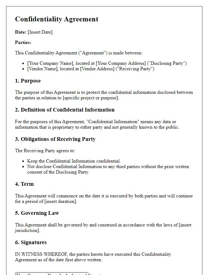 Letter template of confidentiality agreement for vendor relationships.