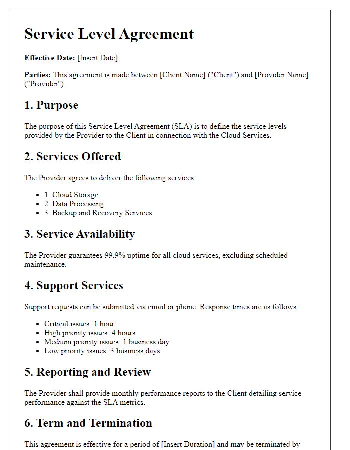 Letter template of Service Level Agreement for Cloud Services