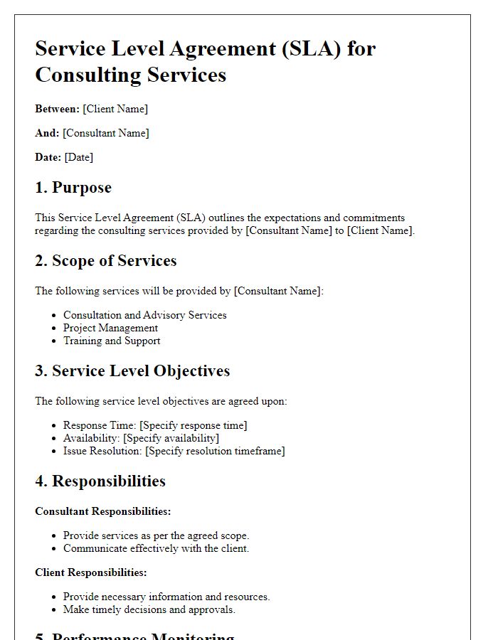 Letter template of Service Level Agreement for Consulting Services