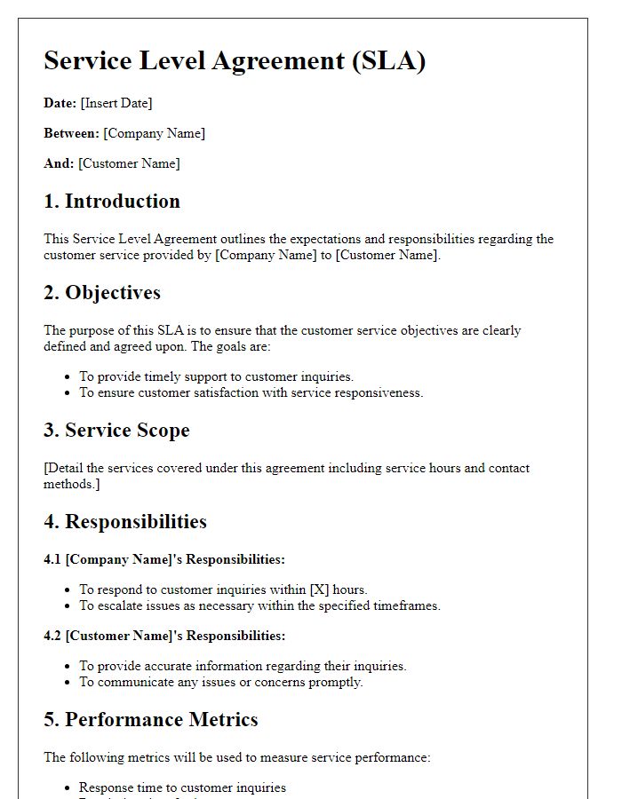 Letter template of Service Level Agreement for Customer Service