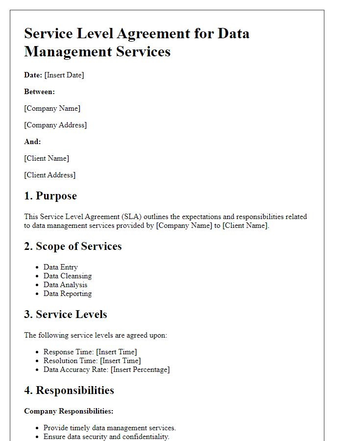 Letter template of Service Level Agreement for Data Management Services