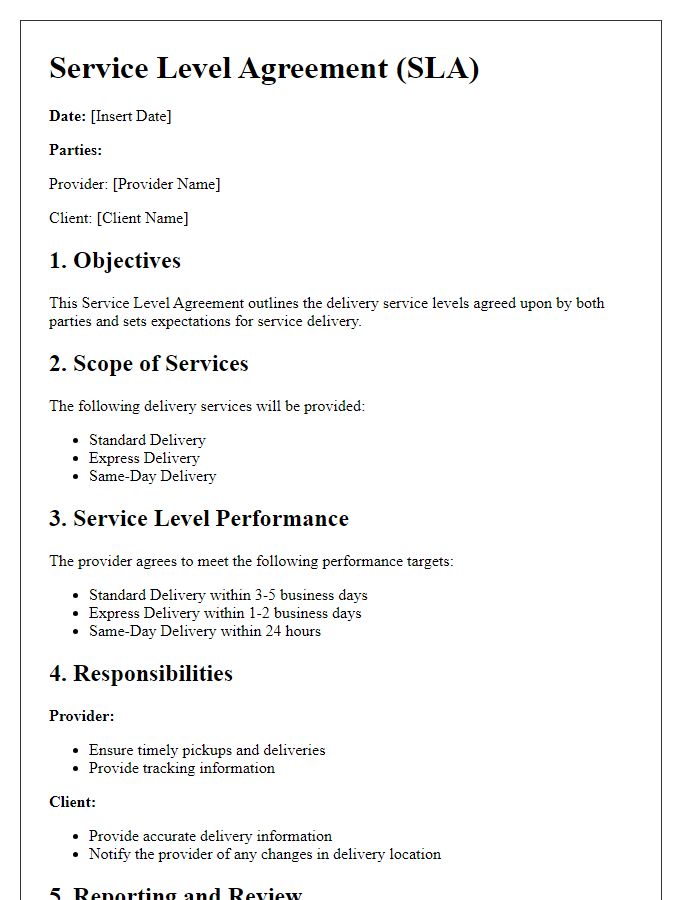 Letter template of Service Level Agreement for Delivery Services