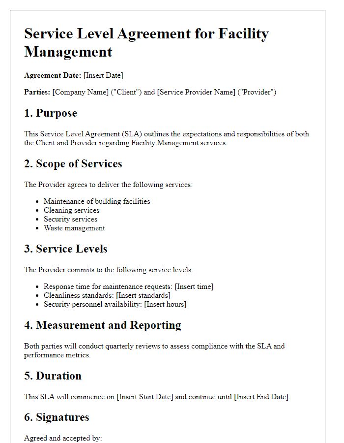 Letter template of Service Level Agreement for Facility Management