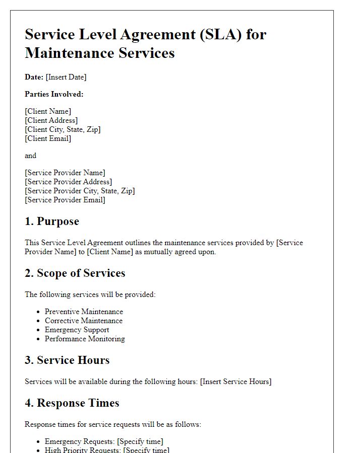 Letter template of Service Level Agreement for Maintenance Services