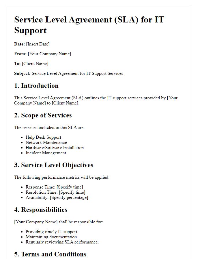 Letter template of Service Level Agreement (SLA) for IT Support