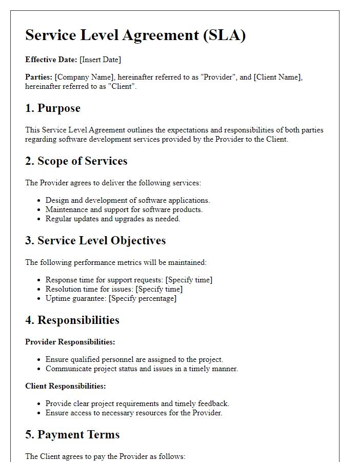 Letter template of Service Level Agreement for Software Development