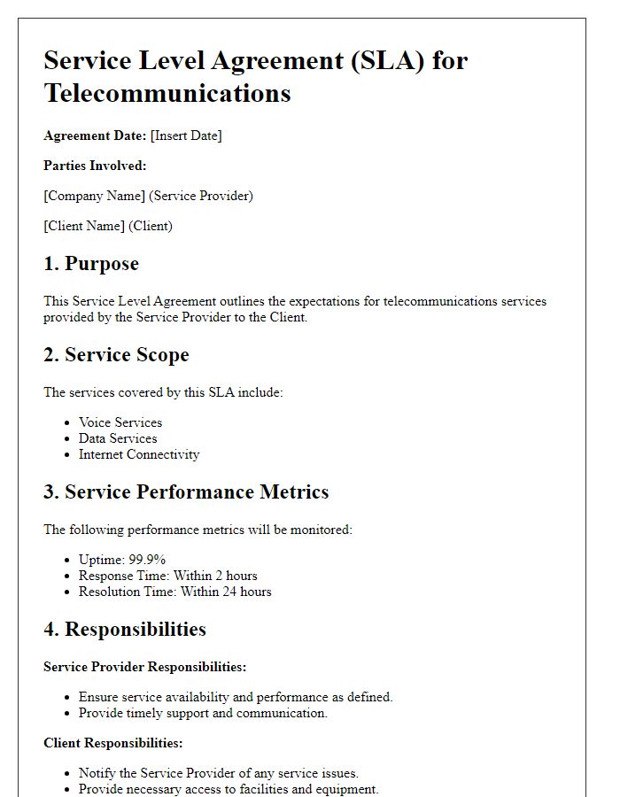 Letter template of Service Level Agreement for Telecommunications