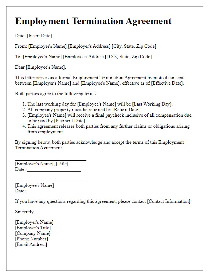 Letter template of Employment Termination Agreement for Mutual Consent