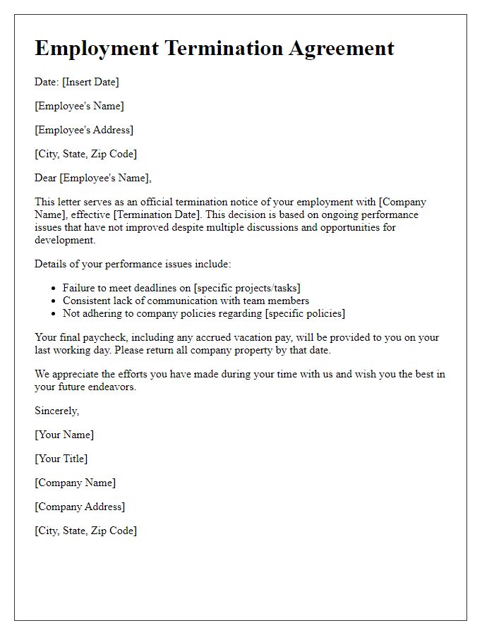 Letter template of Employment Termination Agreement for Performance Issues