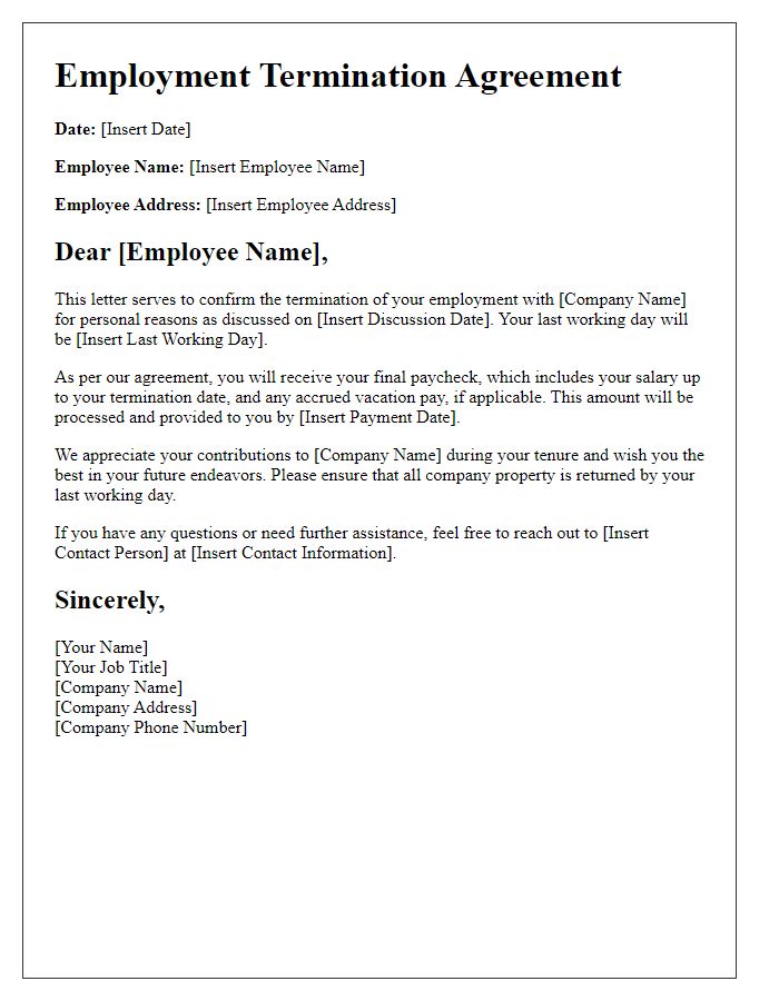 Letter template of Employment Termination Agreement for Personal Reasons