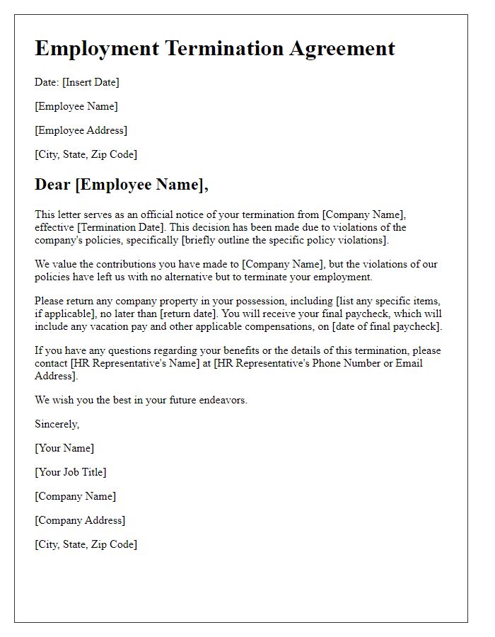 Letter template of Employment Termination Agreement for Policy Violations