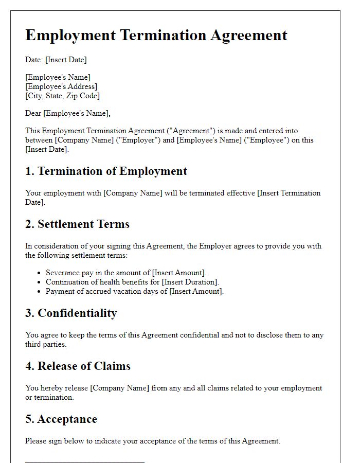 Letter template of Employment Termination Agreement for Settlement Terms