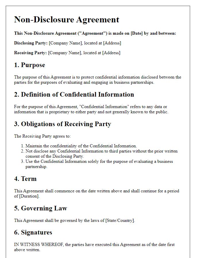 Letter template of Non-Disclosure Agreement for Business Partnerships