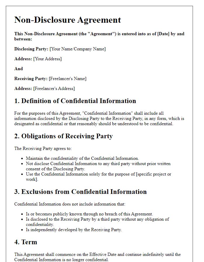 Letter template of Non-Disclosure Agreement for Freelancers