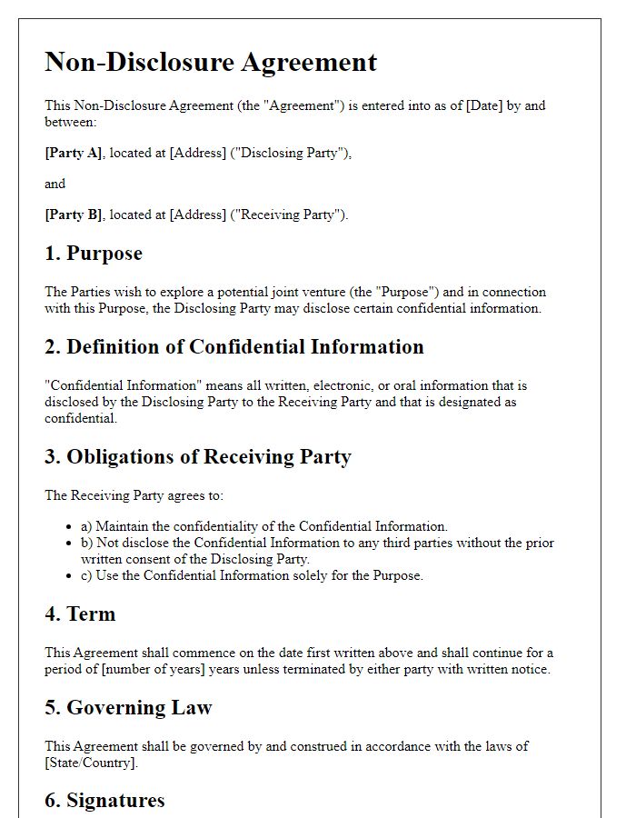 Letter template of Non-Disclosure Agreement for Joint Ventures