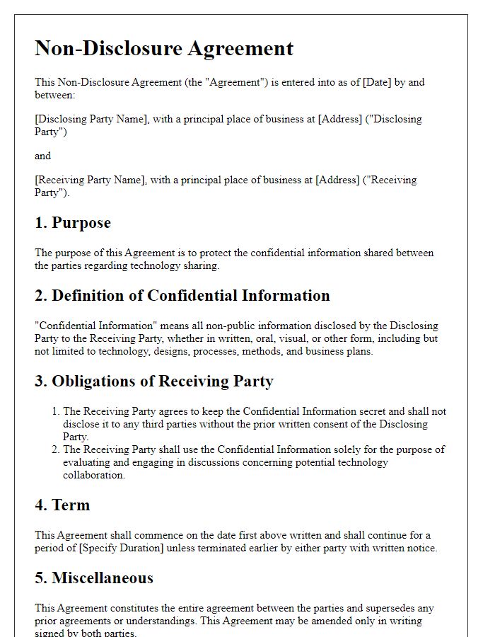 Letter template of Non-Disclosure Agreement for Technology Sharing