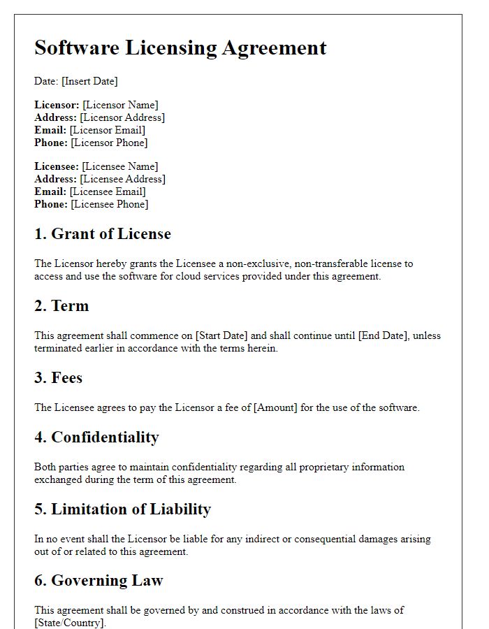 Letter template of Software Licensing Agreement for Cloud Services