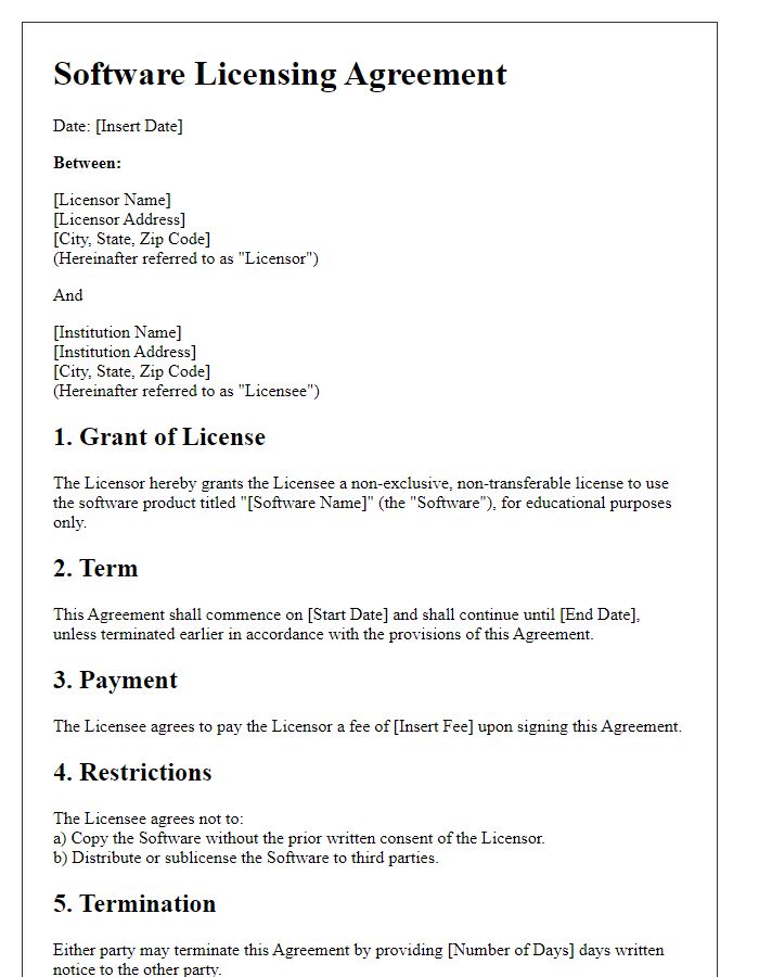 Letter template of Software Licensing Agreement for Educational Institutions