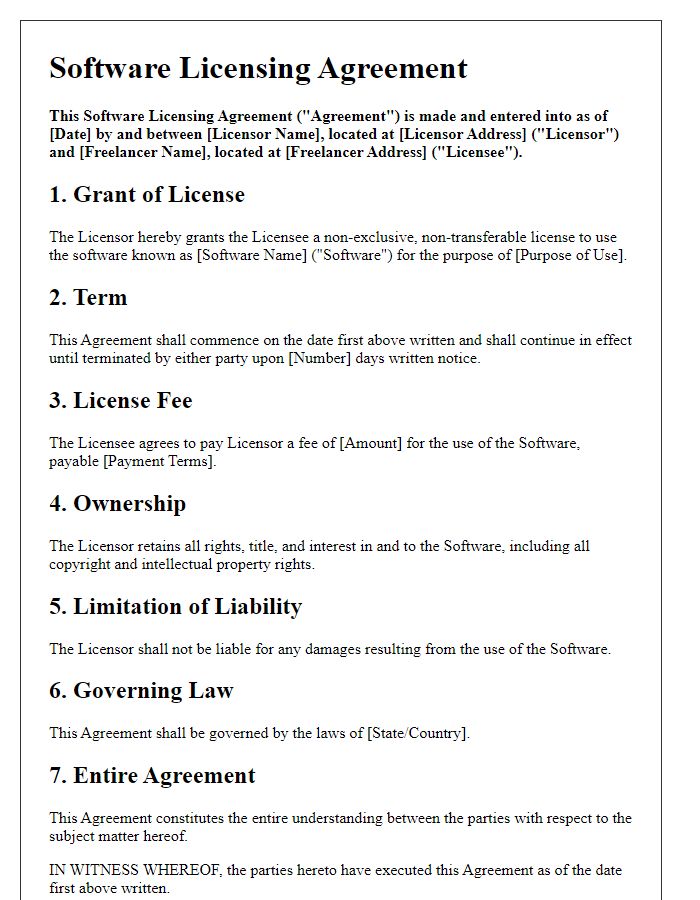 Letter template of Software Licensing Agreement for Freelancers