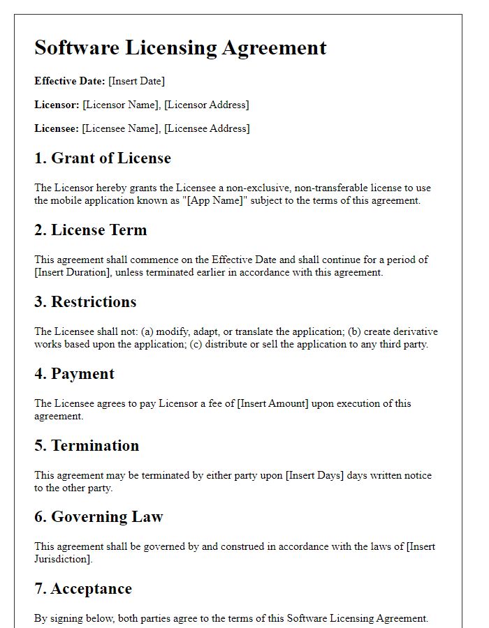 Letter template of Software Licensing Agreement for Mobile Applications