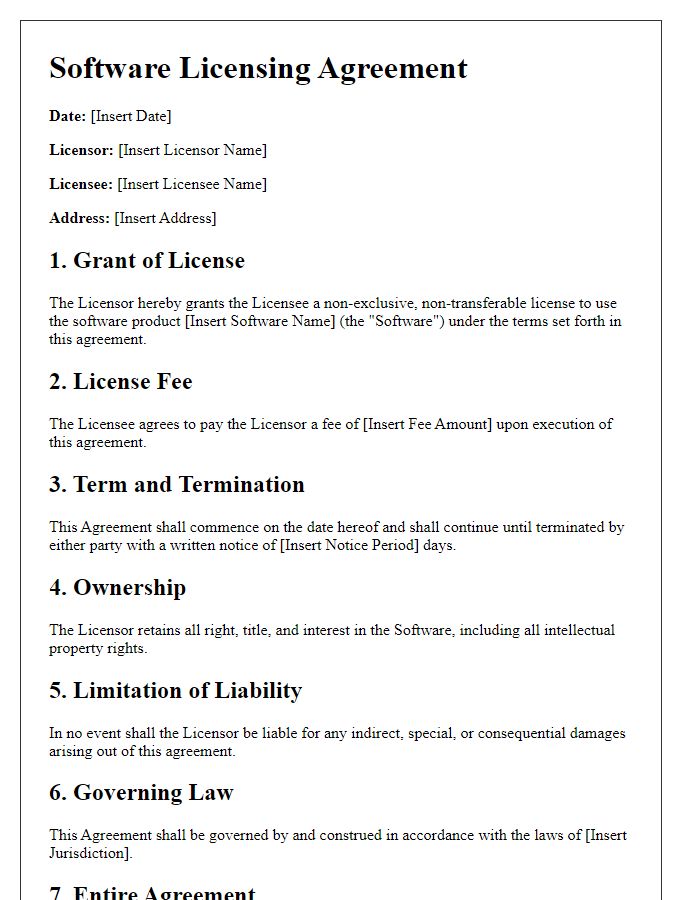 Letter template of Software Licensing Agreement for Small Business