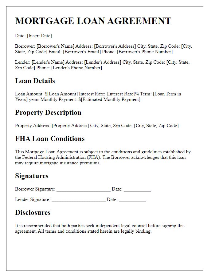 Letter template of mortgage loan agreement for FHA loans