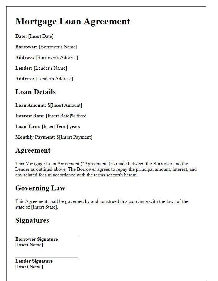 Letter template of mortgage loan agreement for fixed-rate mortgages