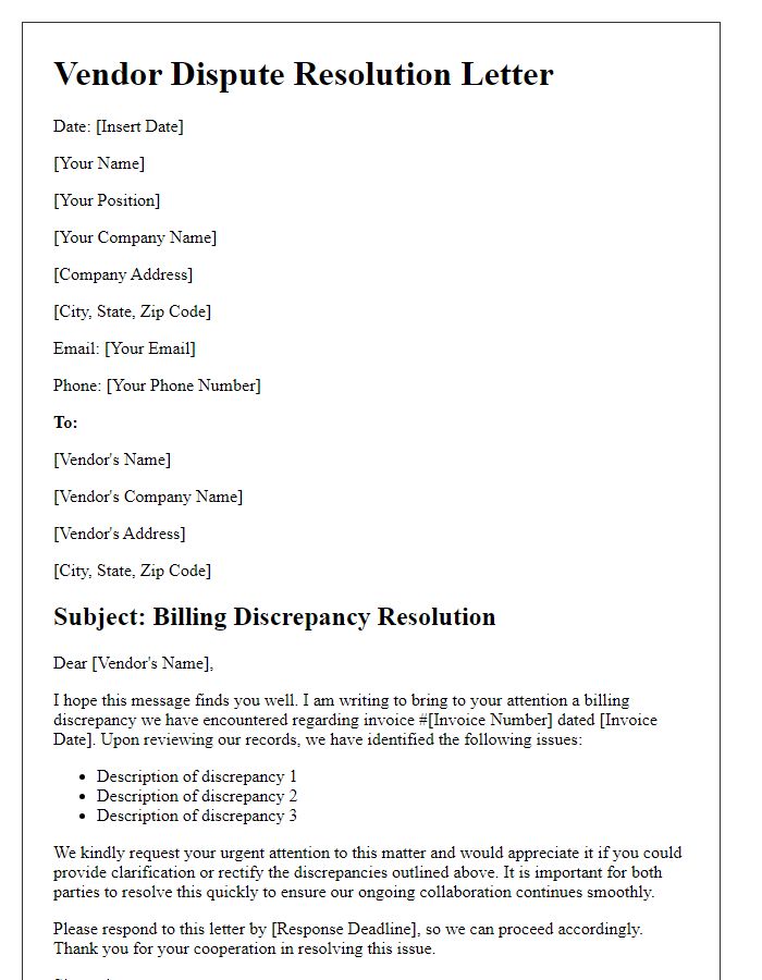 Letter template of vendor dispute resolution for billing discrepancies