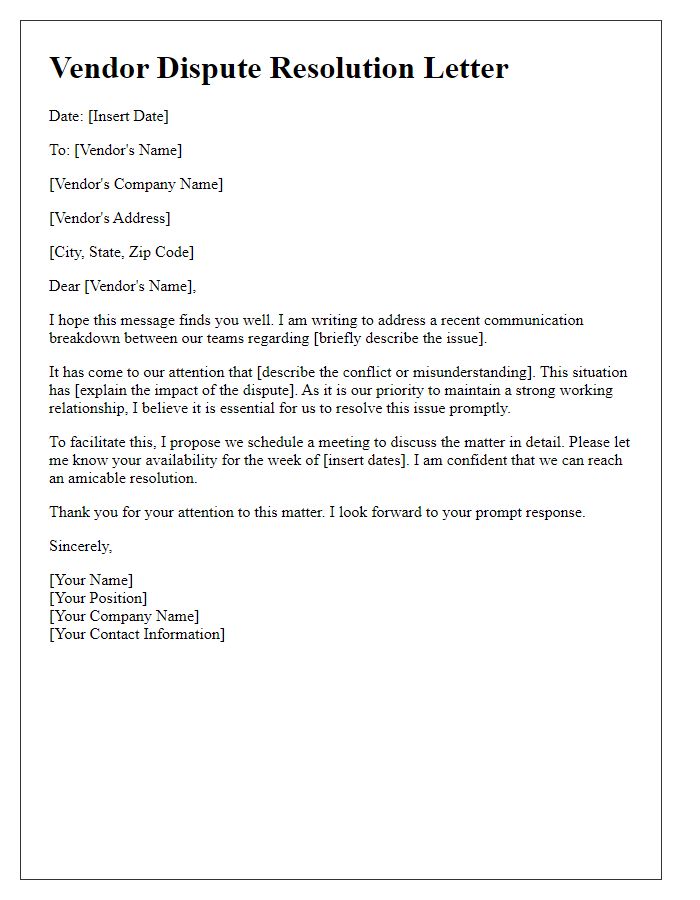 Letter template of vendor dispute resolution for communication breakdowns