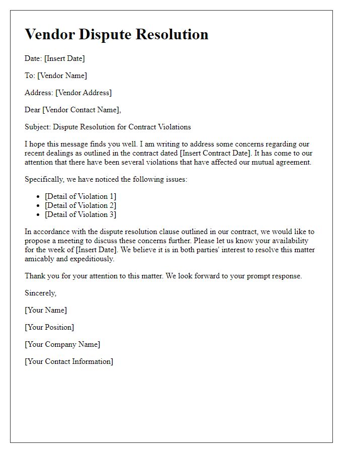 Letter template of vendor dispute resolution for contract violations