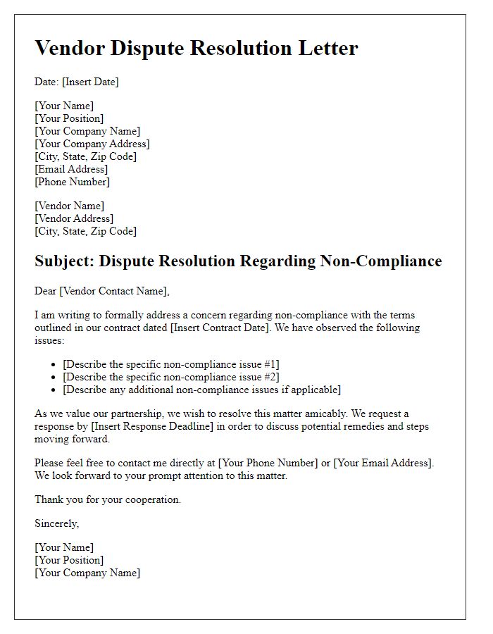 Letter template of vendor dispute resolution for non-compliance concerns