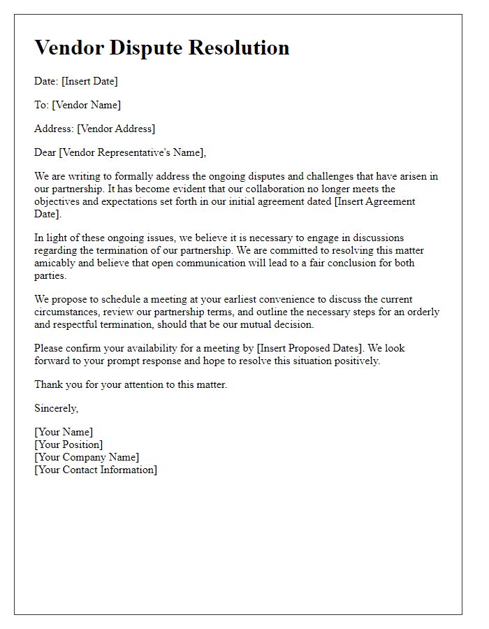 Letter template of vendor dispute resolution for partnership termination discussions