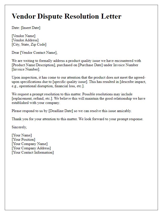 Letter template of vendor dispute resolution for product quality issues