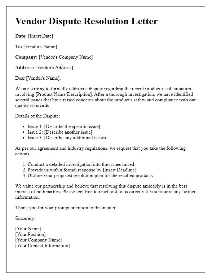 Letter template of vendor dispute resolution for product recall situations