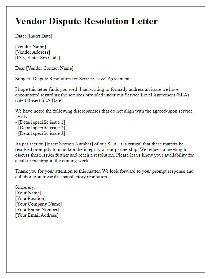 Letter template of vendor dispute resolution for service level agreements