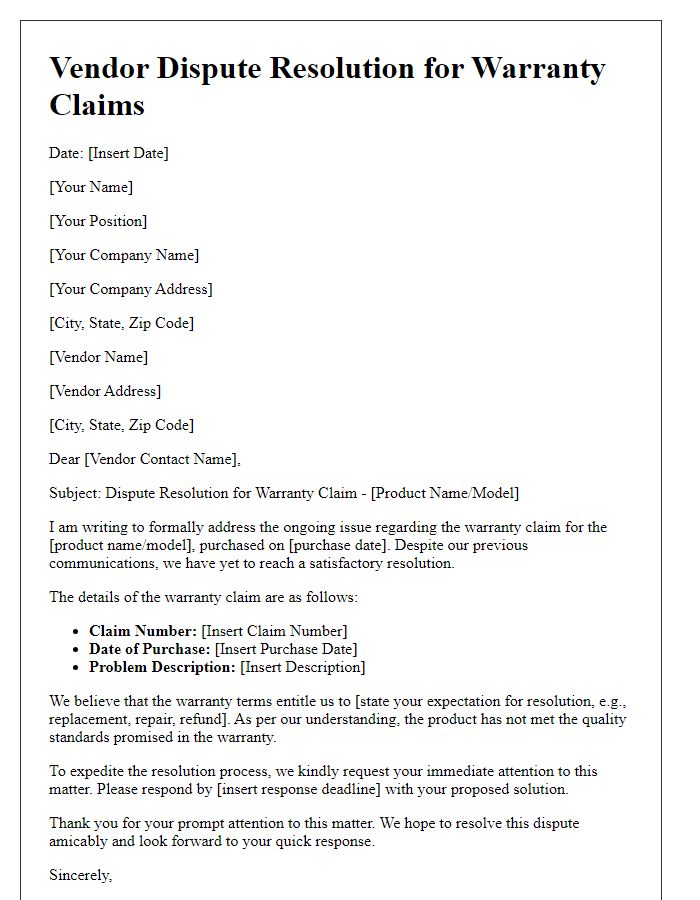 Letter template of vendor dispute resolution for warranty claims