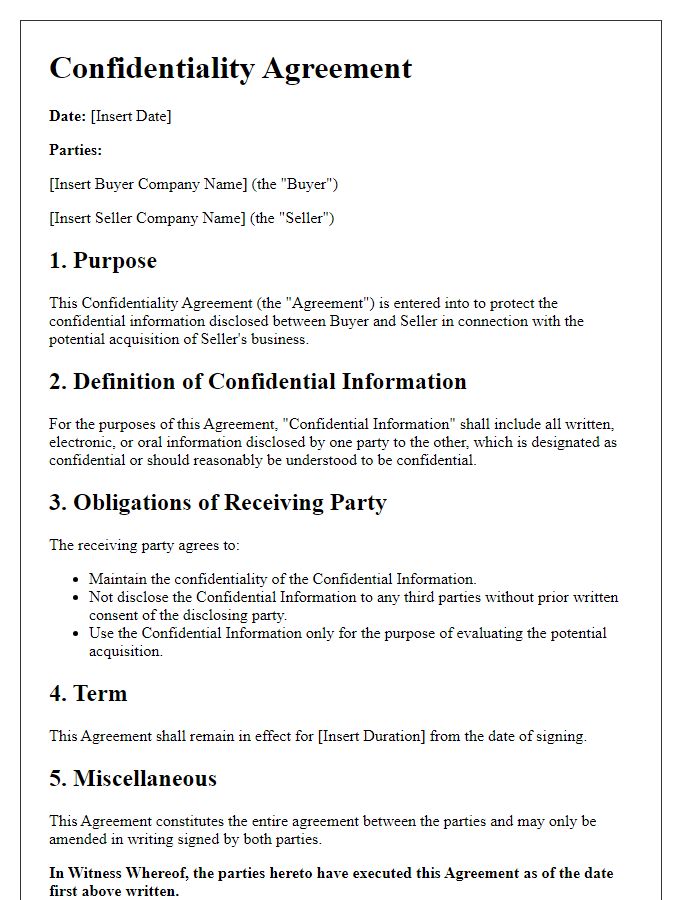 Letter template of business acquisition confidentiality agreement.